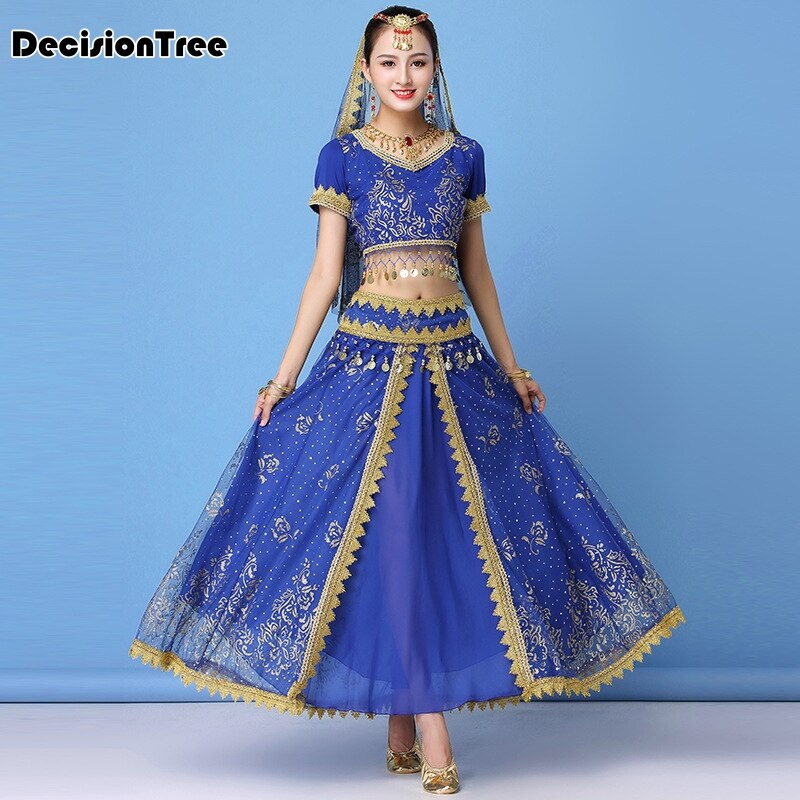 vêtements de danse femmes performance indien sari tenue bollywood danse du ventre costumes ensemble haut + ceinture + jupe + voile + casque