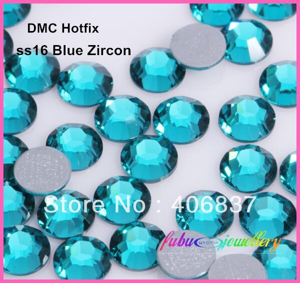 ! 1440 stks/partij, ss16 (3.8-4.0mm) DMC Blue Zircon Iron On Rhinestones fix Steentjes