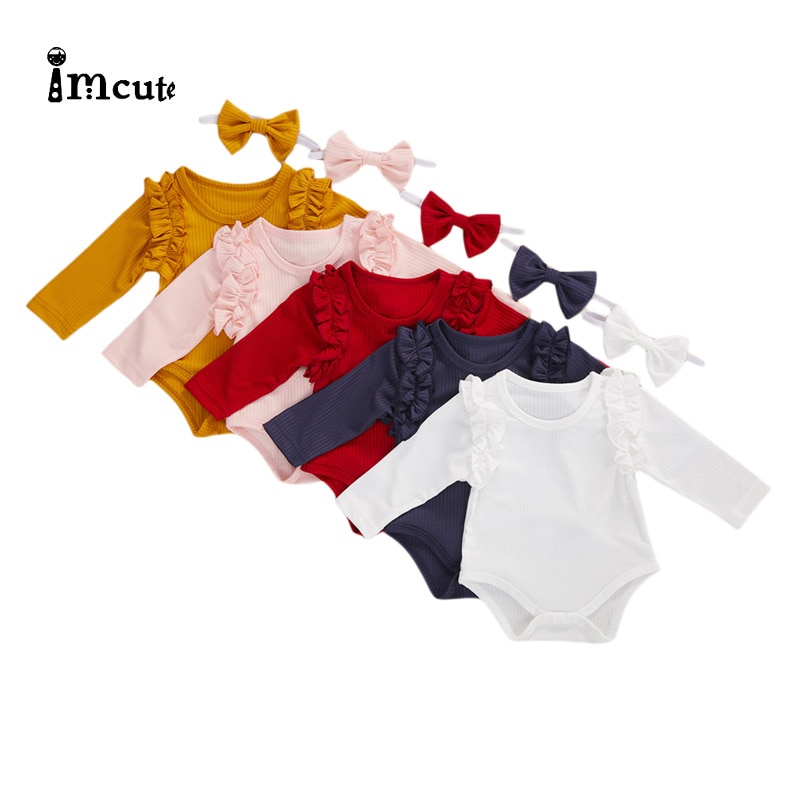 Imcute 5 couleurs automne bébé barboteuse avec bandeau couleur unie col rond à manches longues combinaison et chapeaux pour filles garçons