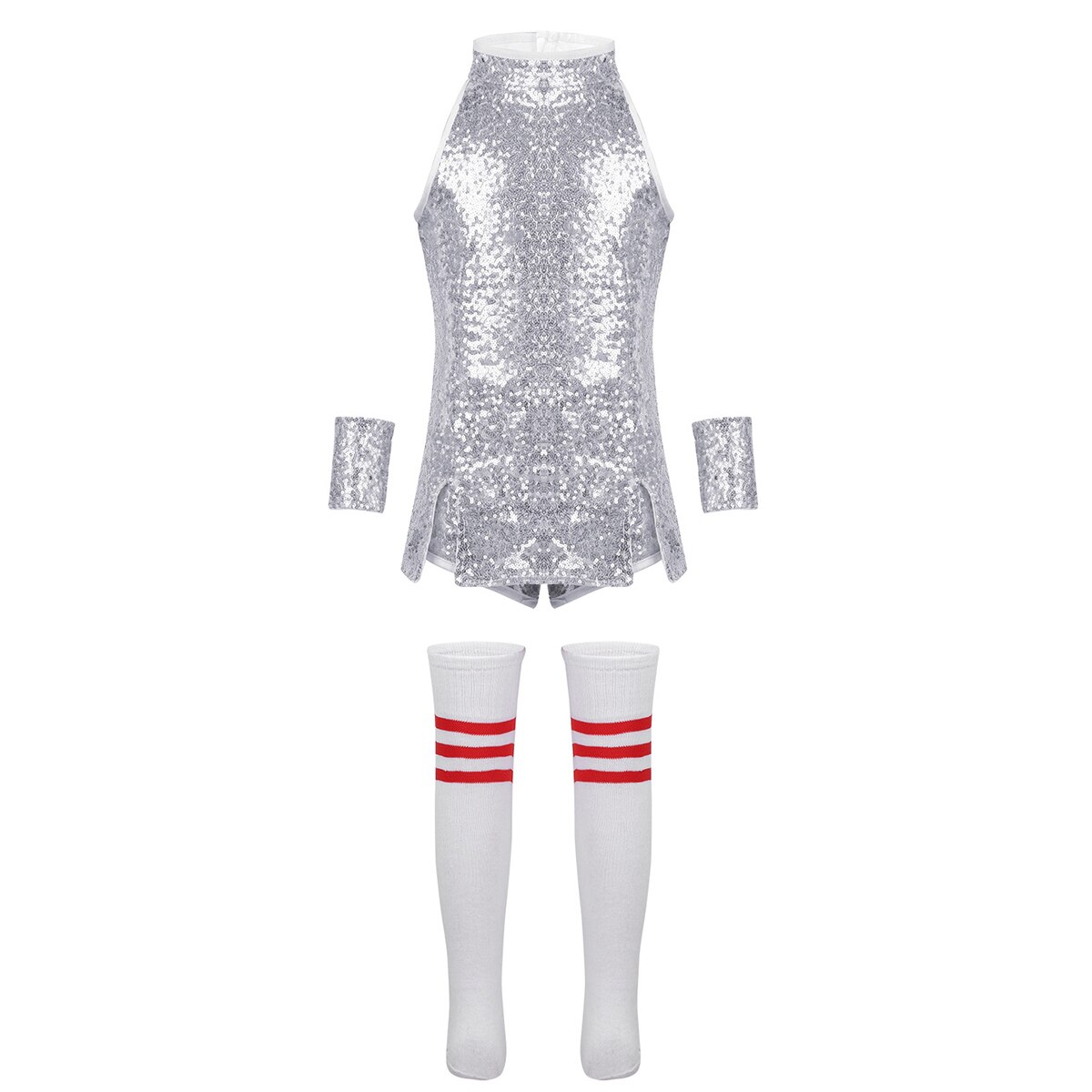 Ragazze dei capretti Cheerlearleading Costumi Shiny Paillettes Magliette E Camicette con Shorts Da Polso-Maniche A Righe e Calzini E Calzettoni Set Cheerleader Vestiti: Silver / 130