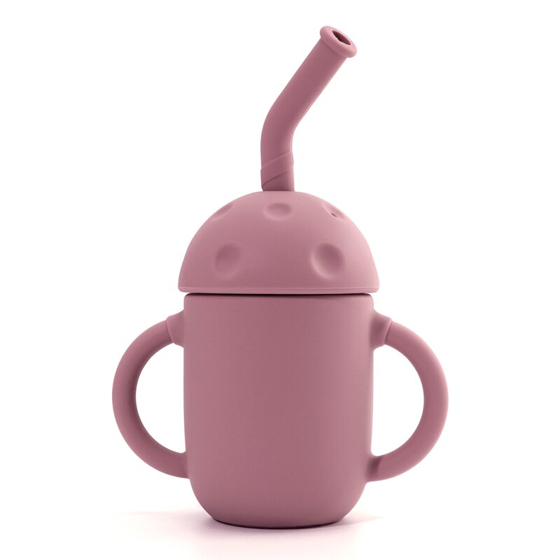 Tasse à champignon en Silicone pour enfants, avec paille, à Double poignée, isolation thermique, en Silicone souple, facile à nettoyer: 010 powder rose