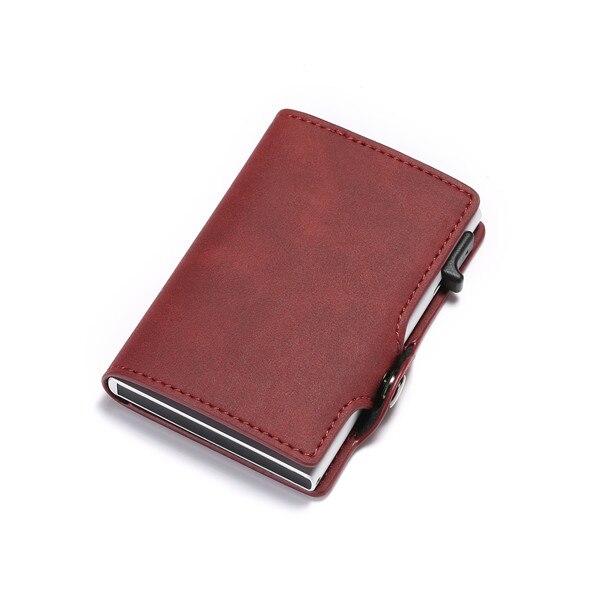 BISI GORO Single Box Card Holder PU Leather Card Wallet Men RFID Blocking Aluminum Smart Multifunction Slim Wallet Card Case: Red ZF002