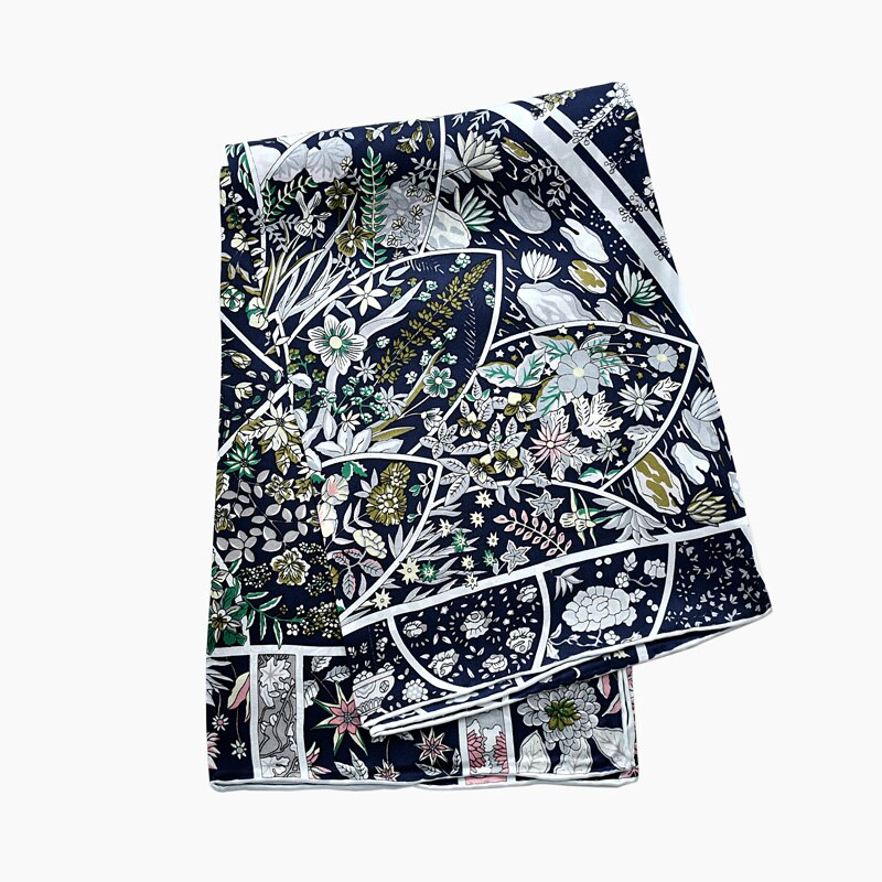 Pink blomstret ægte silke satin tørklæde kvinder 100%  naturlige silke hovedtørklæder firkantet forår efterår bandana sjal til damer: Marine blå