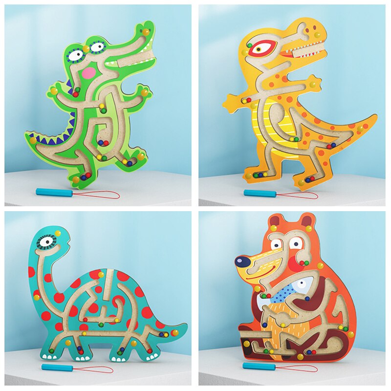 Wooden Magnetic Animal Maze Dinosaur Walking Beads Labyrinth Children Puzzle Toy