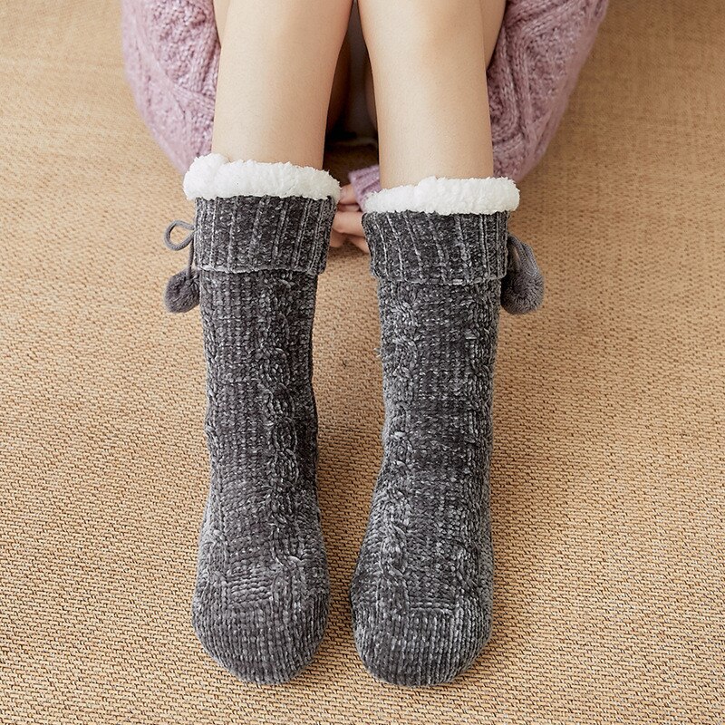 Winter Warm Soft Fluffy Ball Bed Socks Ladies Women Home Floor Slipper Coral Velvet Fleece Sock Winter Floor Boots