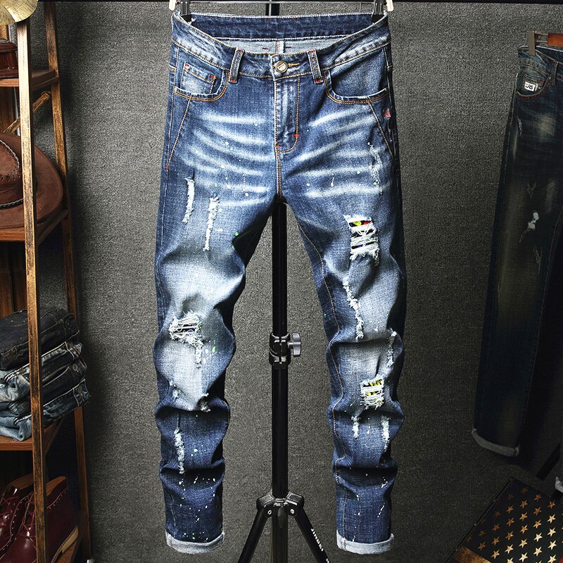 , men's jeans, men's ripped jeans, stretch jeans, straight pants, wash jeans, trends, European and American, casual