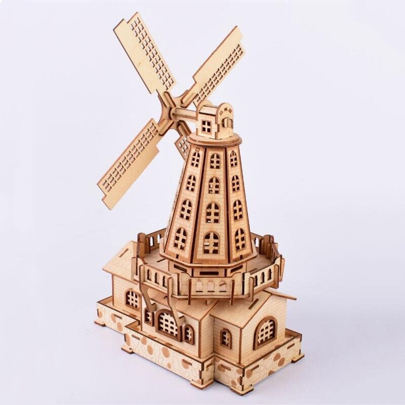 Woodcraft assembly kit puzzles educational games DIY Dutch windmill 3d wooded puzzles for kids Adult Christmas birthday