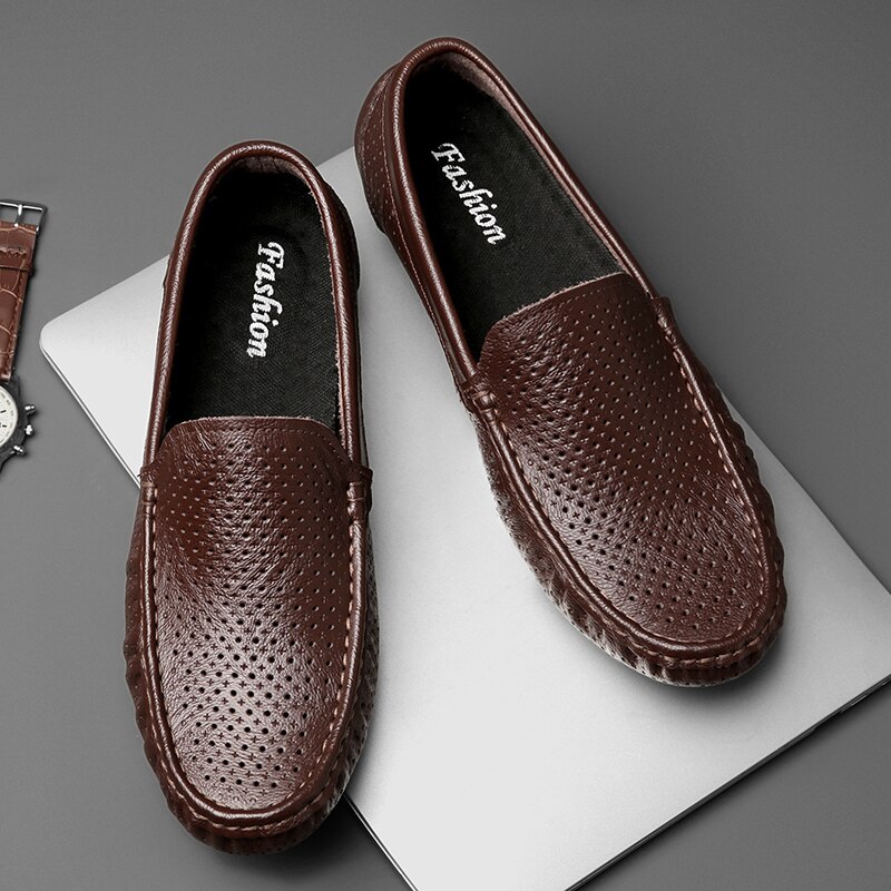 Mocasines de cuero genuino para hombre, zapatos planos cómodos de , informales, de conducción, sin cordones, para verano