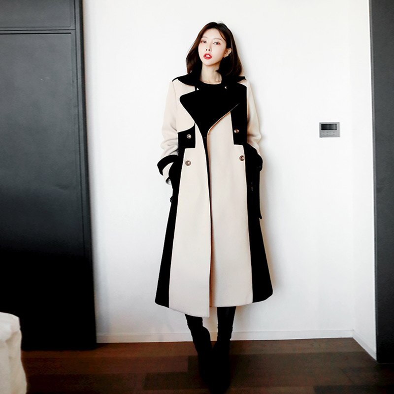 Trench-Coat en Tweed épais et pour femme, pardessus en laine, Double boutonnage, Patchwork, manches longues, coréenne, automne hiver
