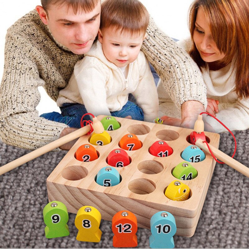 Juguete de pesca magnético digital de madera sólida, Pescado de madera de 15 y 1 disco digital para niños, juguetes de juego para padres e hijos, para niños