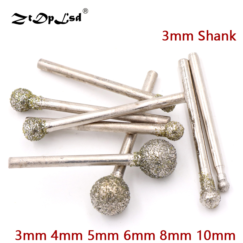 1x 3mm skaft korn 60 sfærisk diamant polering slibehoved monteret spidser dremel roterende nål rund hjul granit bor