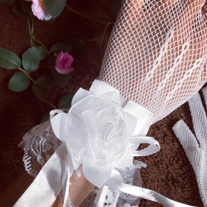 novia verano vestido de novia guantes de encaje Flores grandes corto con guantes de dedos guante hueco de malla