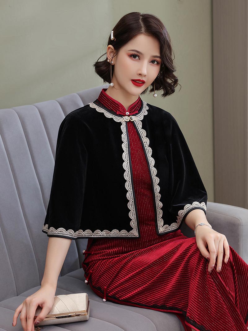 Wine Red Velvet Bridal Shawl Wraps Marriage Formal Party Evening Jackets Wraps Winter Wedding Capes Blue Women Bolero Shrug: Black with applique