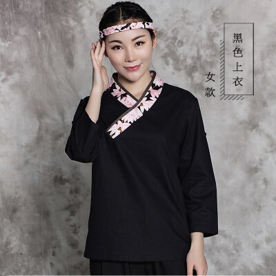 chef uniform Japanese service Kimono working wear Restaurant clothes: woman black top / M