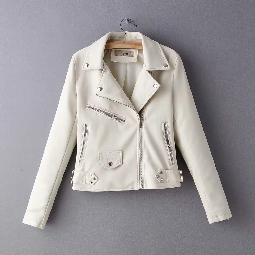 Chaqueta de cuero roja y amarilla para mujer, cazadora motera de PU con cremallera de manga larga, ropa de calle, abrigo de piel sintética negra para motocicleta,: Blanco / L