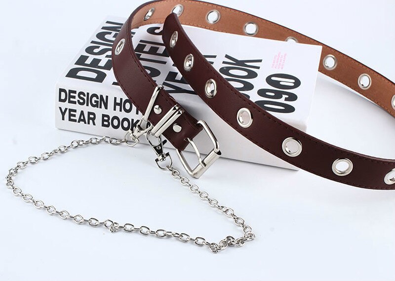 Women Punk Chain Belt Adjustable Black Double/Single Eyelet Grommet Leather Buckle Belt