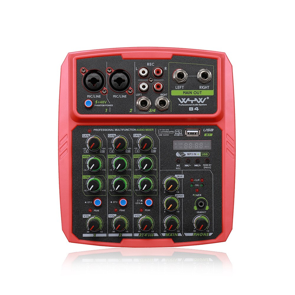 4 Channels Sound Mixer Audio interface Studio Recording Sound Card Mixing Console Microphone 48V Phantom Power: Red