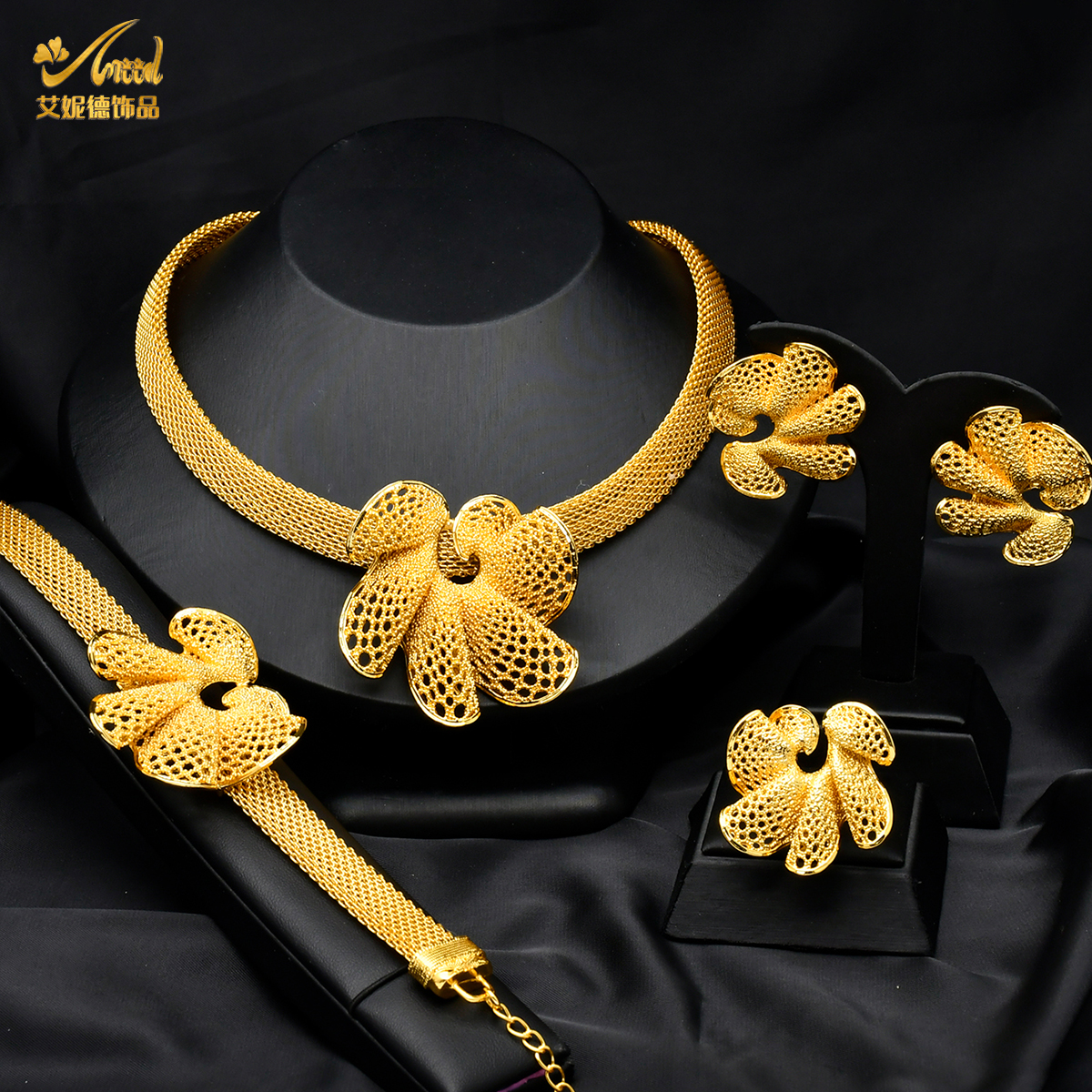 ANIID-Conjunto de joyería africana de Color dorado para mujer, gargantilla india, collar, pendiente, joyería nigeriana chapada en oro de 24K, boda de Dubái: Chapado en oro antiguo