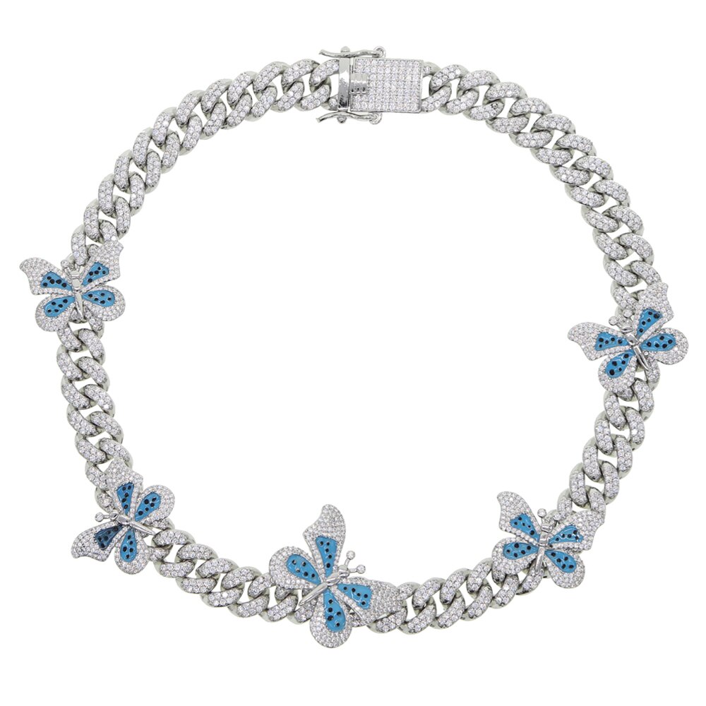 Multicolor Enamel CZ Butterfly Necklace 12mm Iced Out Bling CZ Miami Cuban Link Chain Butterfly Choker Hip hop Women Jewelry: Silver Blue / 46cm