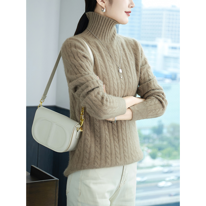 Camisa de fondo de lana pura 100% de Cuello medio alto para mujer, suéter de punto de lana acolchado suelto, otoño e invierno,: XXL / Verde militar