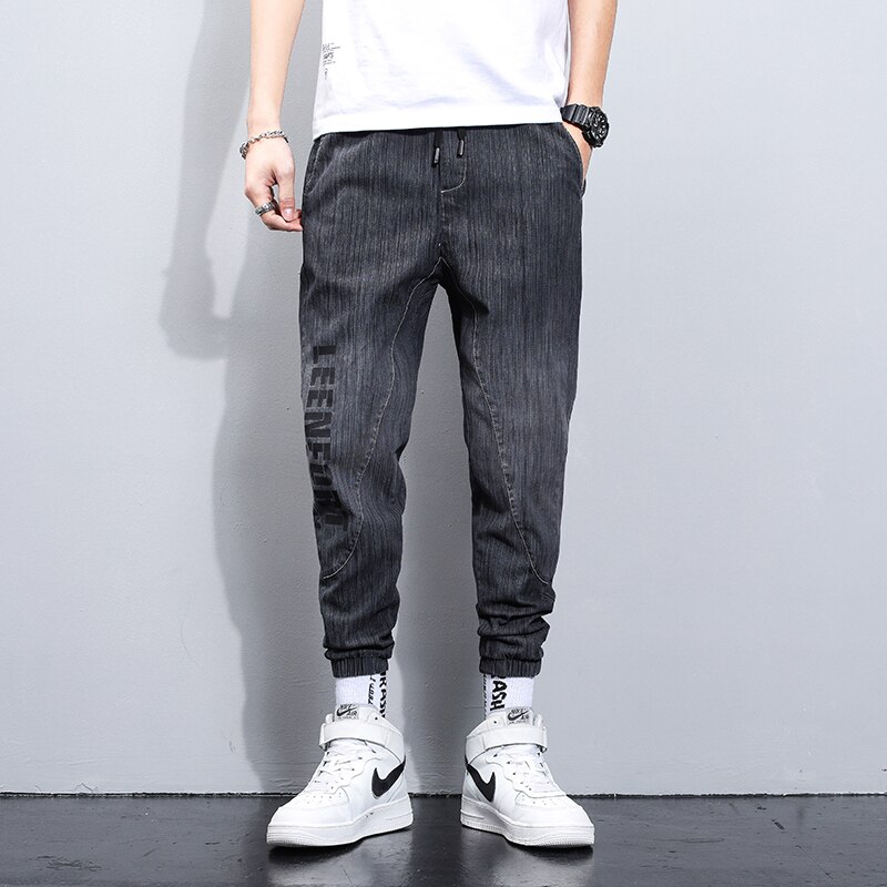 Summer Men Cargo Harlan Pants Imitate Jeans Men's Streetwear Harajuku Style Casual Cotton Pants Hip Hop Trousers Male: L / Black