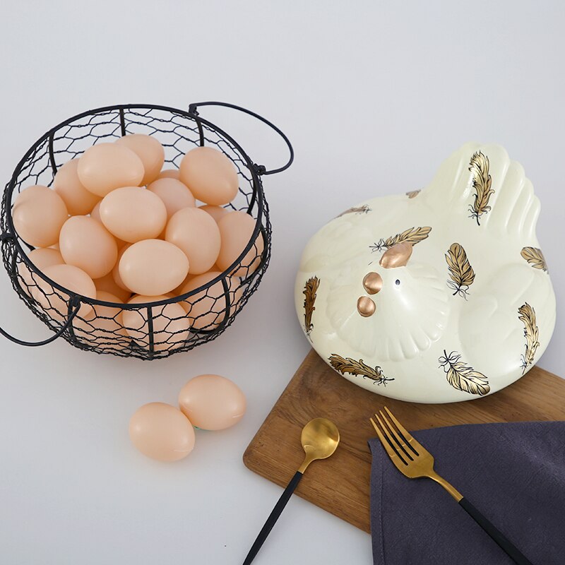 American Ceramic Egg Holder Chicken Wire Egg Basket Fruit Basket Collection Ceramic Hen Oraments Decoration Kitchen Storage