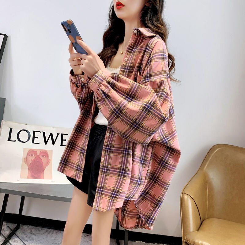 Shirts Women Solid Plaid Chic Outwear Loose Popular Chic Womens Korean Style Sweet All-match Young: pink / L