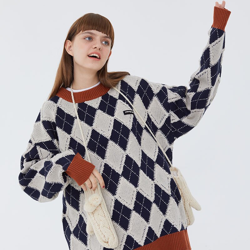 Hip Hop Trui Mannen Streetwear Harajuku Trui Argyle Gebreide Trui Katoen Casual Vintage Retro Plaid Trui Geruite