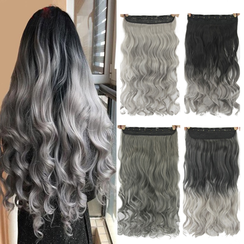 Gres Women 24inch Long 5 Clip-in Hair Pieces Wavy Grey Ombre Synthetic Hair Extensions High Temperature Fiber Smoky Gray Color
