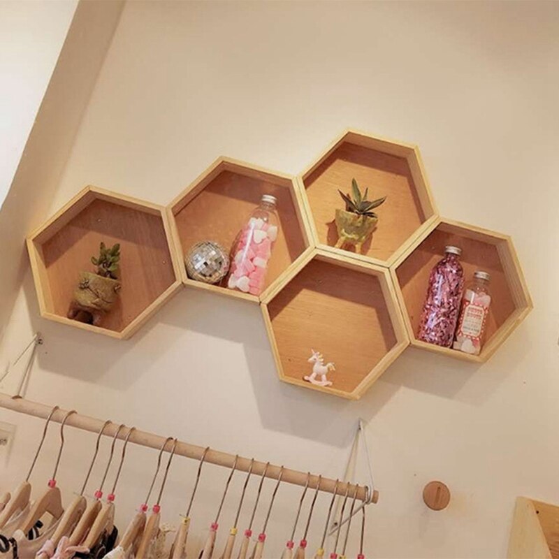 Estantería hexagonal de estilo nórdico para decoración de habitación de niños, panal de abeja de madera, para decoración de dormitorio de bebés y niños: wood color