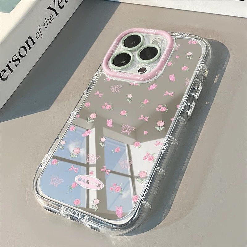 Funda de teléfono con espejo y lazo de flor rosa Simple para iPhone 16 15 14 13 12 11 Pro Max XR XS MAX 7 8 PLUS MINI Y2K, funda a prueba de golpes