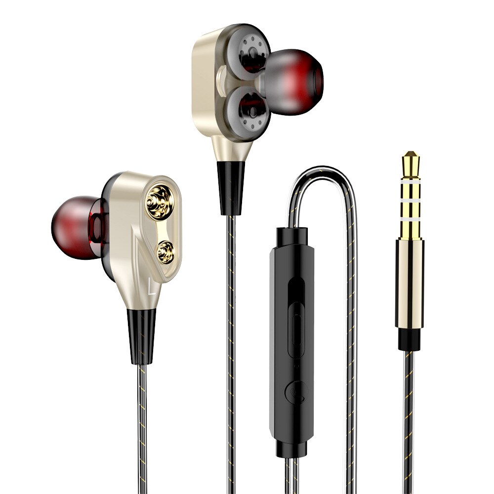 Ptm P12 Quad-core Double Moving Coil In-ear Headphones T22-by-Wire Bass with Wheat Mobile Phone Earplug: Gold Tone