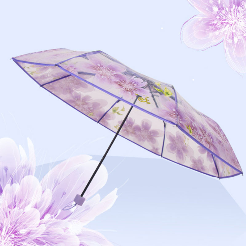 Yesello Transparent Clear Folding Umbrella Peach Blossom Women Rain Umbrella