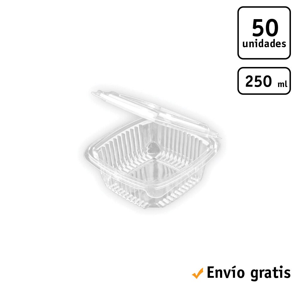 TELEVASO - Envase rectangular con tapa bisagra para comidas frías - Polietileno (PET) transparente, recipiente hermético: Envase Bisagra Rectangular 250 ml (50 Uds)