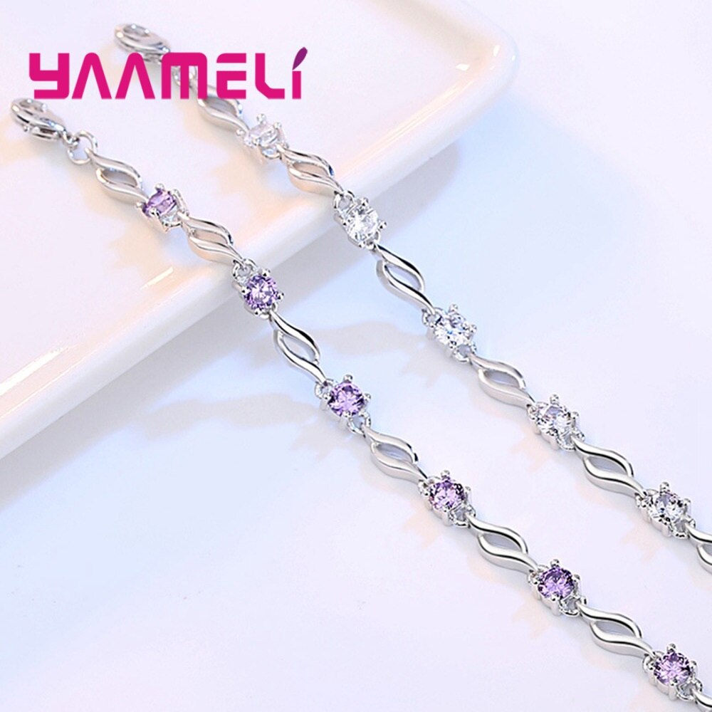 Purple White Zircon Engagement Jewelry for Women Female 925 Sterling Silver Link Chain Bracelets Bangles Graceful