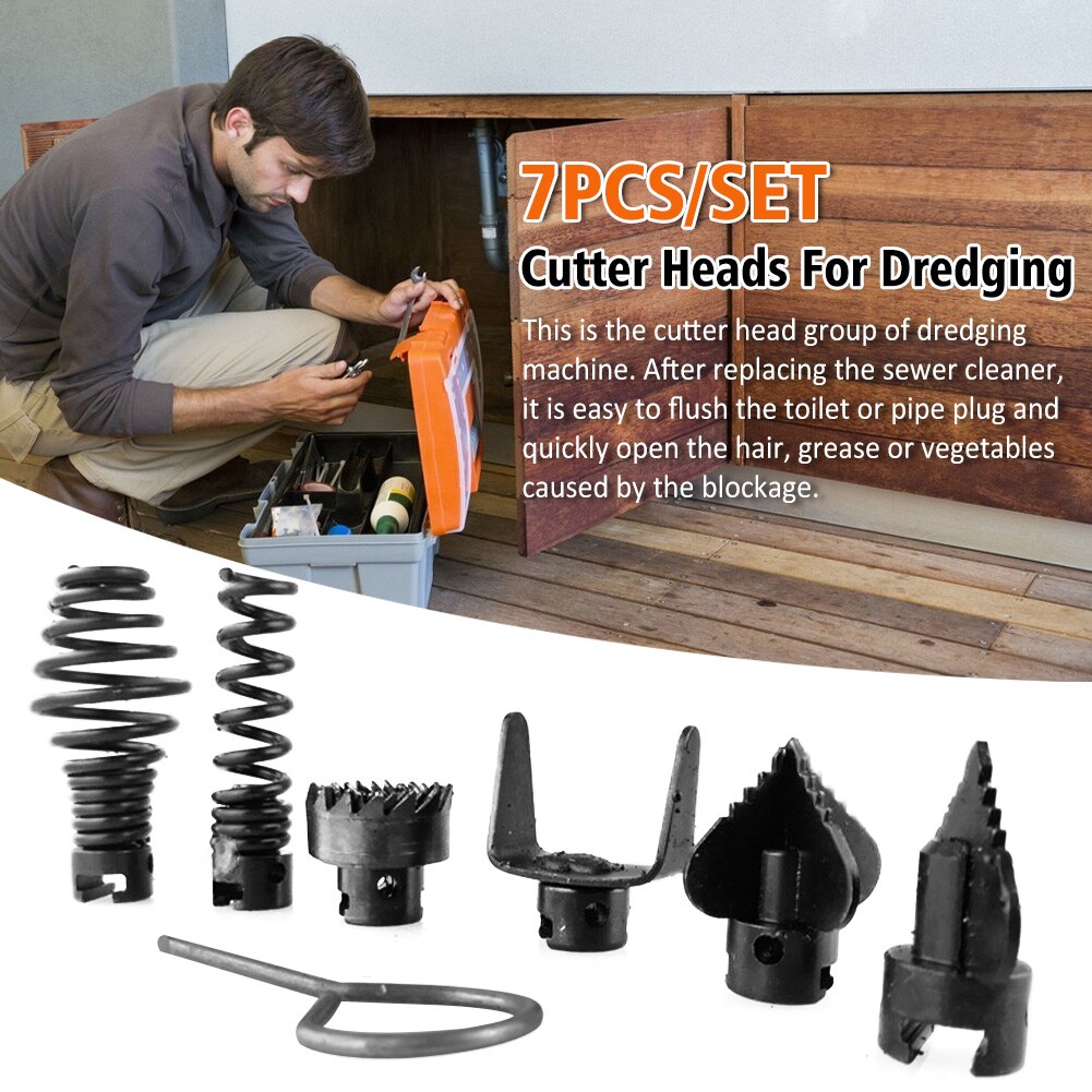 FEITON 7-Piece Drain Cleaner Cutter Head Set – Manganese Steel, 16mm Spring Lock, Fits Drain Cleaning Machines