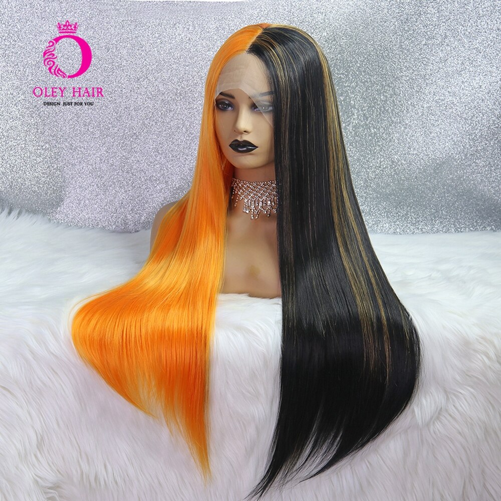 Half Orange Half Black Wig Glueless Synthetic Lace Front Wig Mango Swirl Long Straight Cosplay Wigs For Black Women