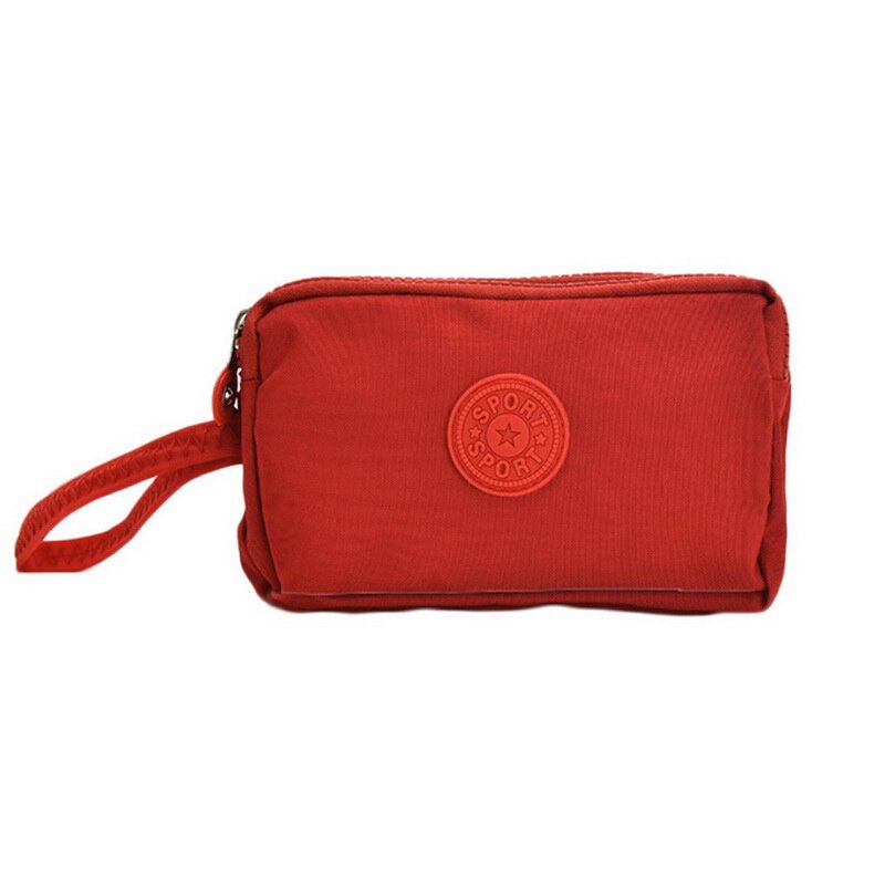 Nueva cartera de lona para mujer, bolso de teléfono móvil informal de Color sólido, bolsa de mano Horizontal con cremallera de tres capas, billeteras estándar para mujer: Rojo