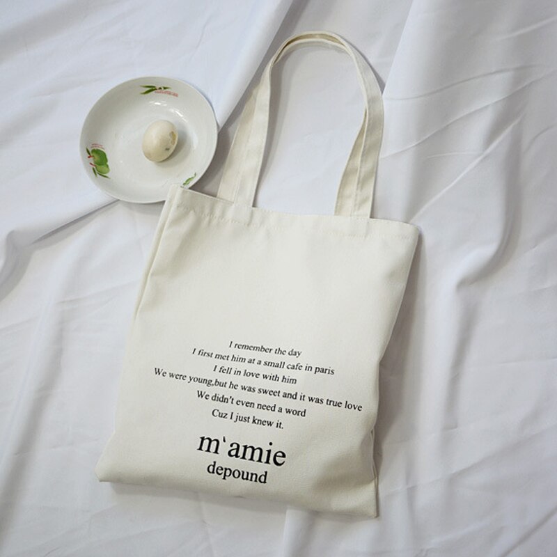 M'amie Depound Tote Bag Women Casual Letter Print Eco Reusable Shopping Shoulder Bags Large Capacity Canvas School Bags