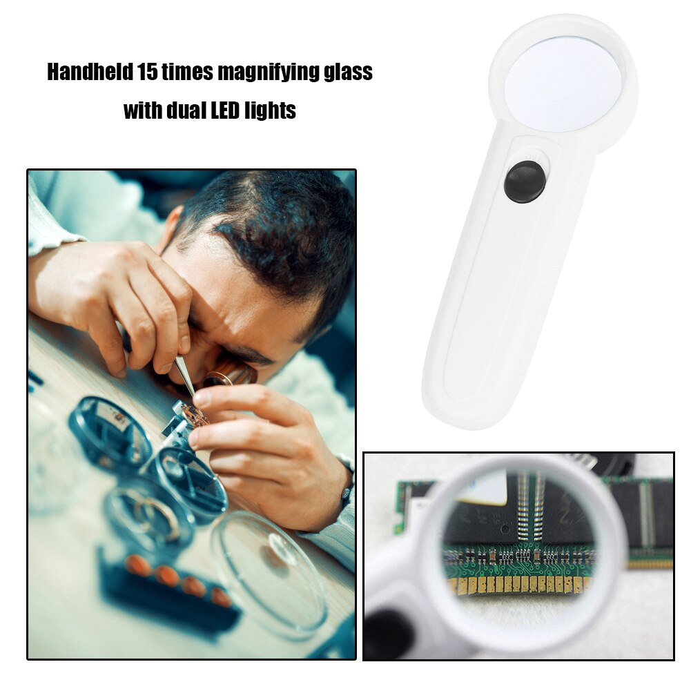 Handheld 15X Magnifier with 2 LED Light Aid Reading for Seniors Newspaper Reading Loupe Jewelry Antique Appreciation