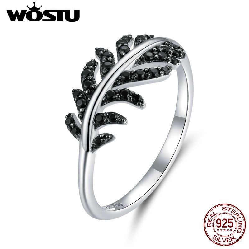 WOSTU Retro Anel 925 Sterling Silver Vintage Feather Finger Ring for Women Black Cubic Zircon CZ Silver Ring Jewelry CTR131