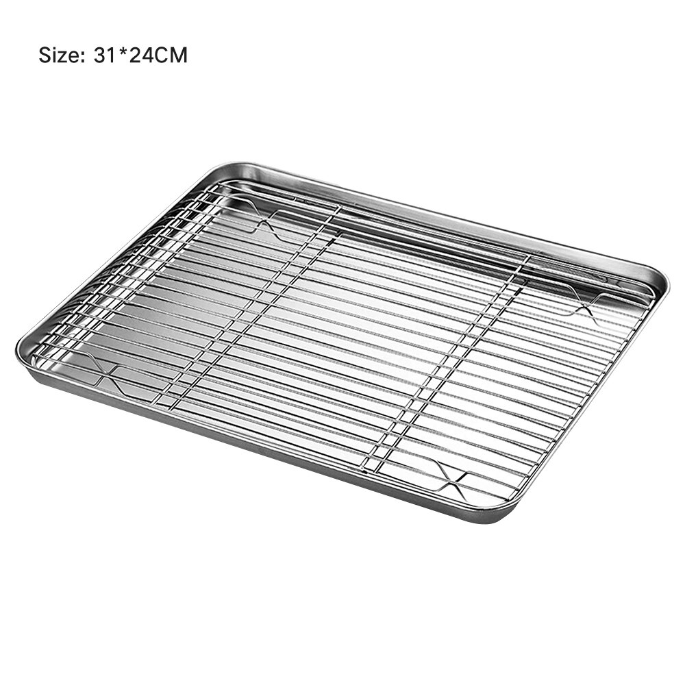 Baking Tray With Removable Cooling Rack Set Stainless Steel Wire Grid Tray Kitchen Oven Cook Pan Non-Stick Bread Barbecue Holder: 31x24CM