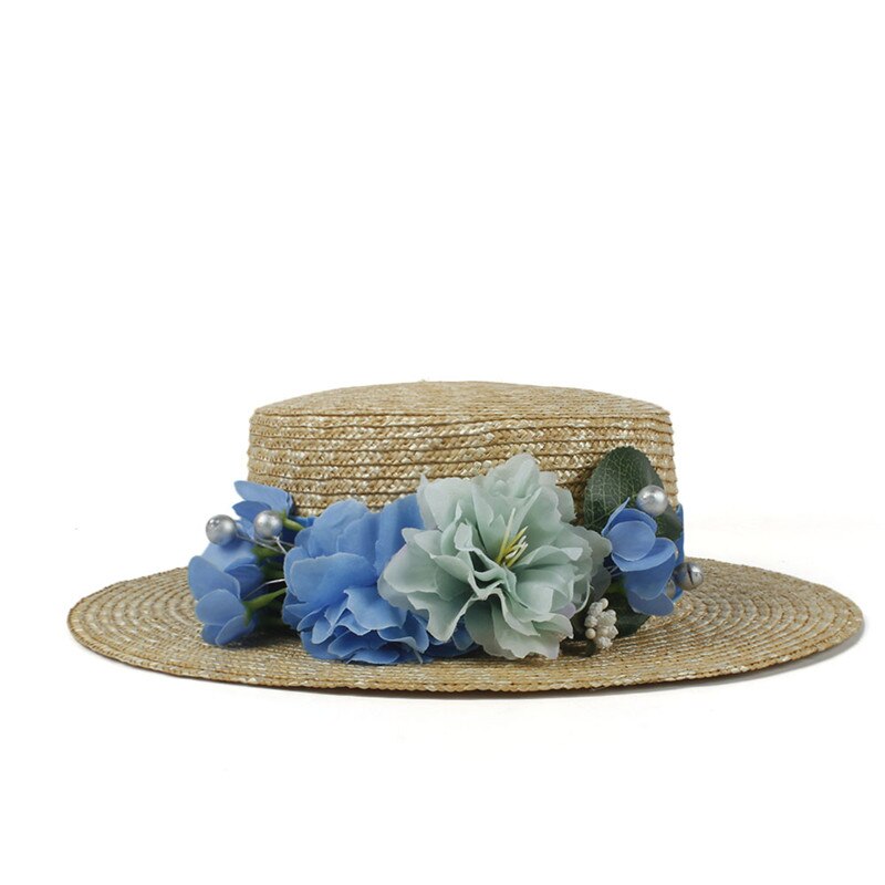 Sombrero de paja de trigo para mujer, gorro de sol plano con flor roja para playa, verano, , 100%: Straw-Light Blue