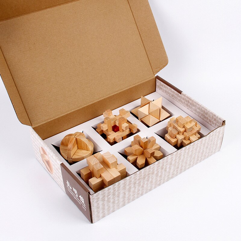 6pcs Chinese Traditional Wooden Intelligence Toy Kongming Lock Luban Lock Classical Brain Teaser Game Toy Stress Relief Toys