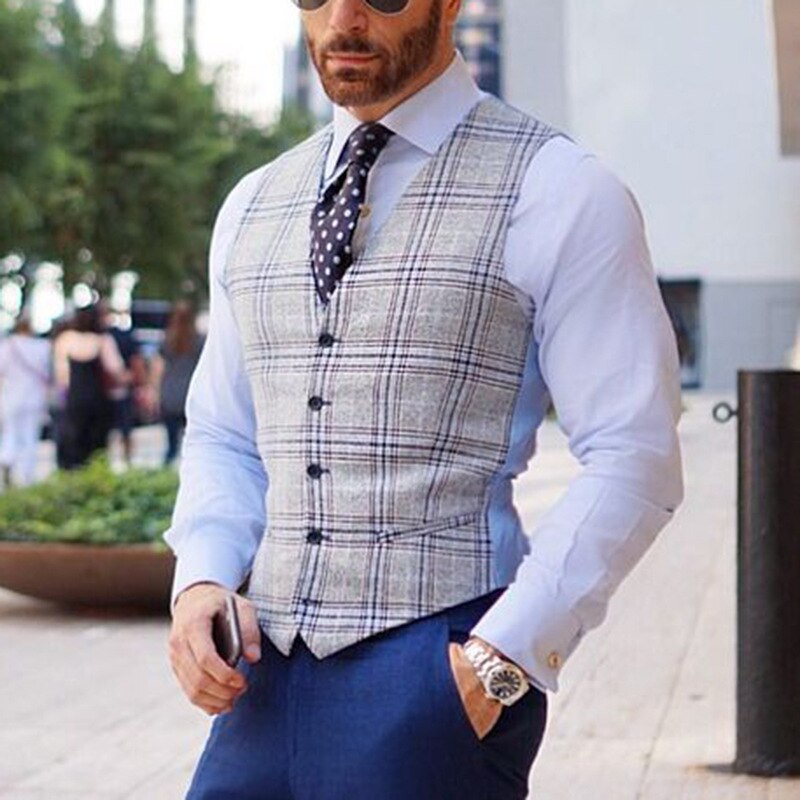 Men Vest Casual British Style Colete Homem Vintage lattice Waistcoat Men Wedding Suit Sleeveless Vest Fall Winter