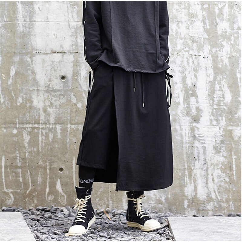 Moda męska przyczynowe szerokie spodnie nogi japonia styl czarne spodnie harem spódnica Streetwear biodro chmiel gotyckie luźne spodnie męskie kimono