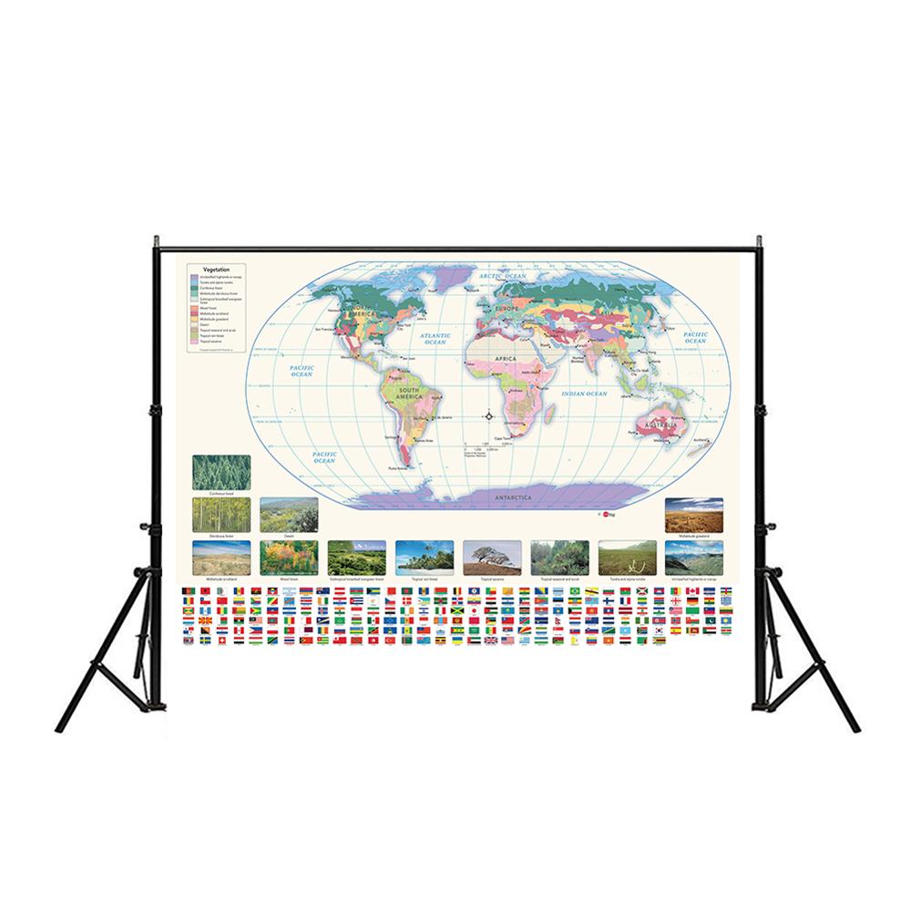 150 x 100cm världens non-woven karta med vegetationskarta och nationella flaggor