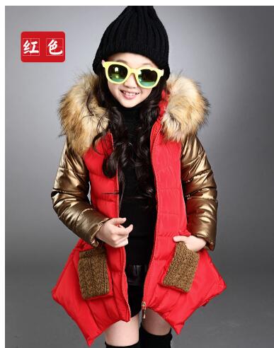 girls winter coat 4-13 years old children's down jacket hooded Fur collar Gold stitching sleeves Classic coat: red / 12T