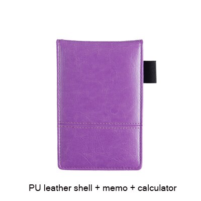 stationery small pocket notebook A7 PU leather notepad business work note book daily memo planner with calculator: purple