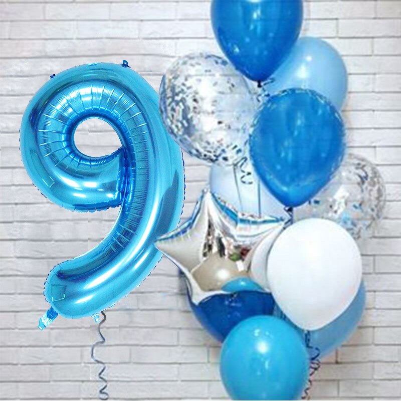 PartyLab 12Pcs/set Number Foil Latex Blue Balloons for Kids Birthday Decoration 1st One Year Birthday Boy Decor Baby Balloon: Number9 set